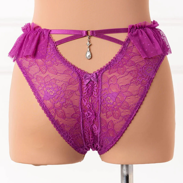 Lacy High Waist Crotchless Bow Panty - Plum