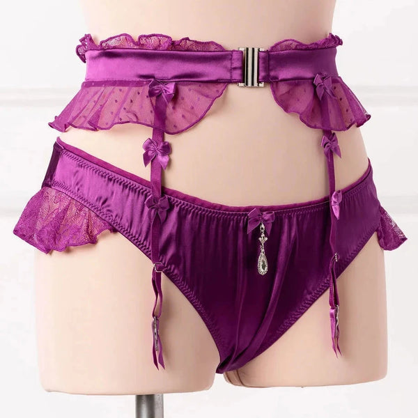 Lacy Bow Garter Belt - Plum