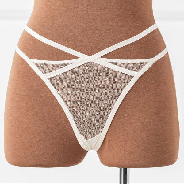 Strappy Diamond Mesh Thong - Pearl