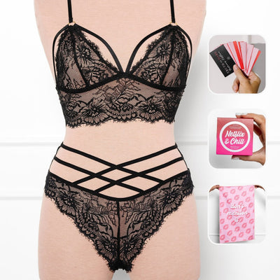 Date Night Bundle: Eyelash Lace Caged Bralette Set - Black - Mentionables