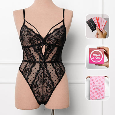 Date Night Bundle: Lacy Crotchless Polka Dot Teddy - Black - Mentionables