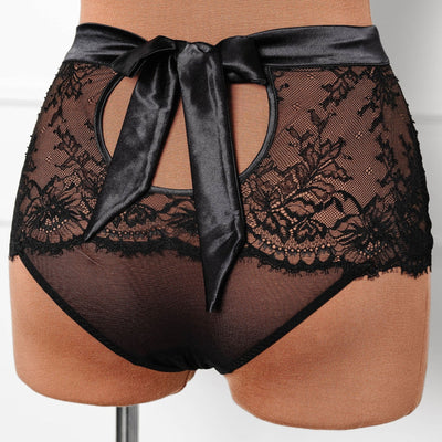 Eyelash Lace Bow High Waist Crotchless Panty - Black - Mentionables