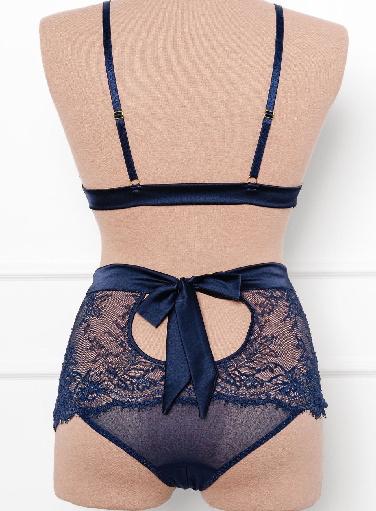 Eyelash Lace Bow High Waist Crotchless Panty - Navy - Mentionables