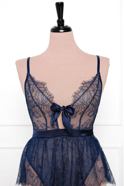Eyelash Lace Crotchless Teddy - Navy - Mentionables