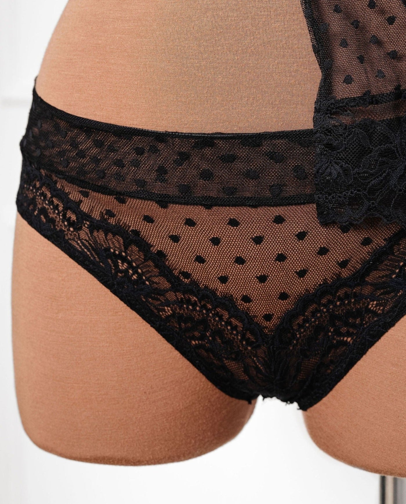 Lacy Polka Dot Crotchless Panty - Black - Mentionables