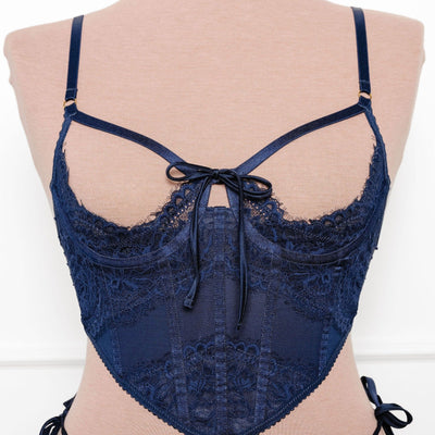 Lacy Underwire Cupless Corset - Navy - Mentionables
