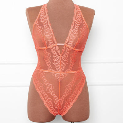 Plunge Neck Strappy Back Teddy - Coral - Mentionables