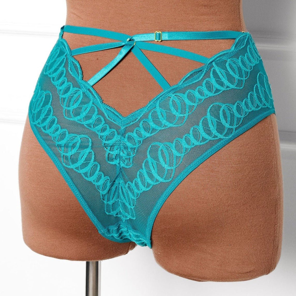 Strappy Back High Waist Crotchless Panty - Teal | Mentionables