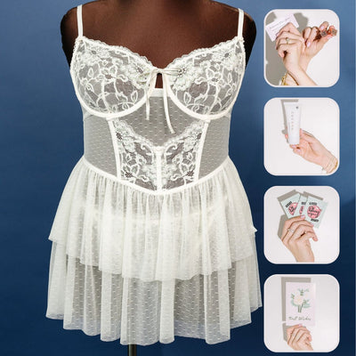 Bridal Bundle: Lace & Mesh Bustier Tiered Babydoll - Iridescent Cream - Mentionables