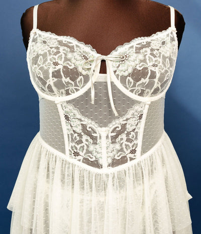 Bridal Bundle: Lace & Mesh Bustier Tiered Babydoll - Iridescent Cream - Mentionables