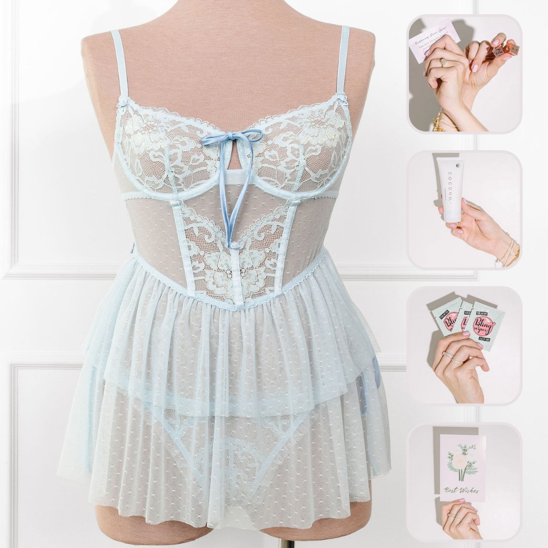 Bridal Bundle: Lace & Mesh Bustier Tiered Babydoll - Iridescent Daydream - Mentionables