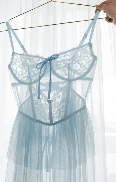 Bridal Bundle: Lace & Mesh Bustier Tiered Babydoll - Iridescent Daydream - Mentionables