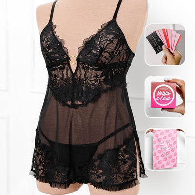 Date Night Bundle: Lace & Mesh Heart Babydoll - Black - Mentionables