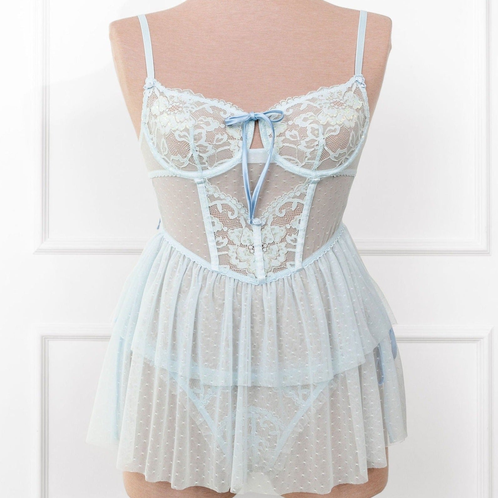 Lace & Mesh Bustier Tiered Babydoll - Iridescent Daydream