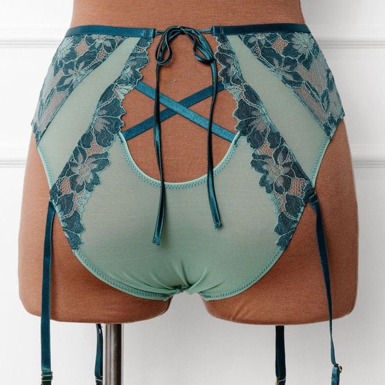Lace & Mesh High Waist Garter Panty - Garden Green - Mentionables