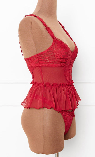Lace & Mesh Peplum Corset - Scarlet Red - Mentionables