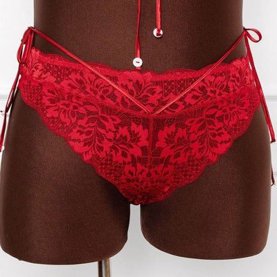 Lacy Crotchless Pom Pom Panty - Red - Mentionables