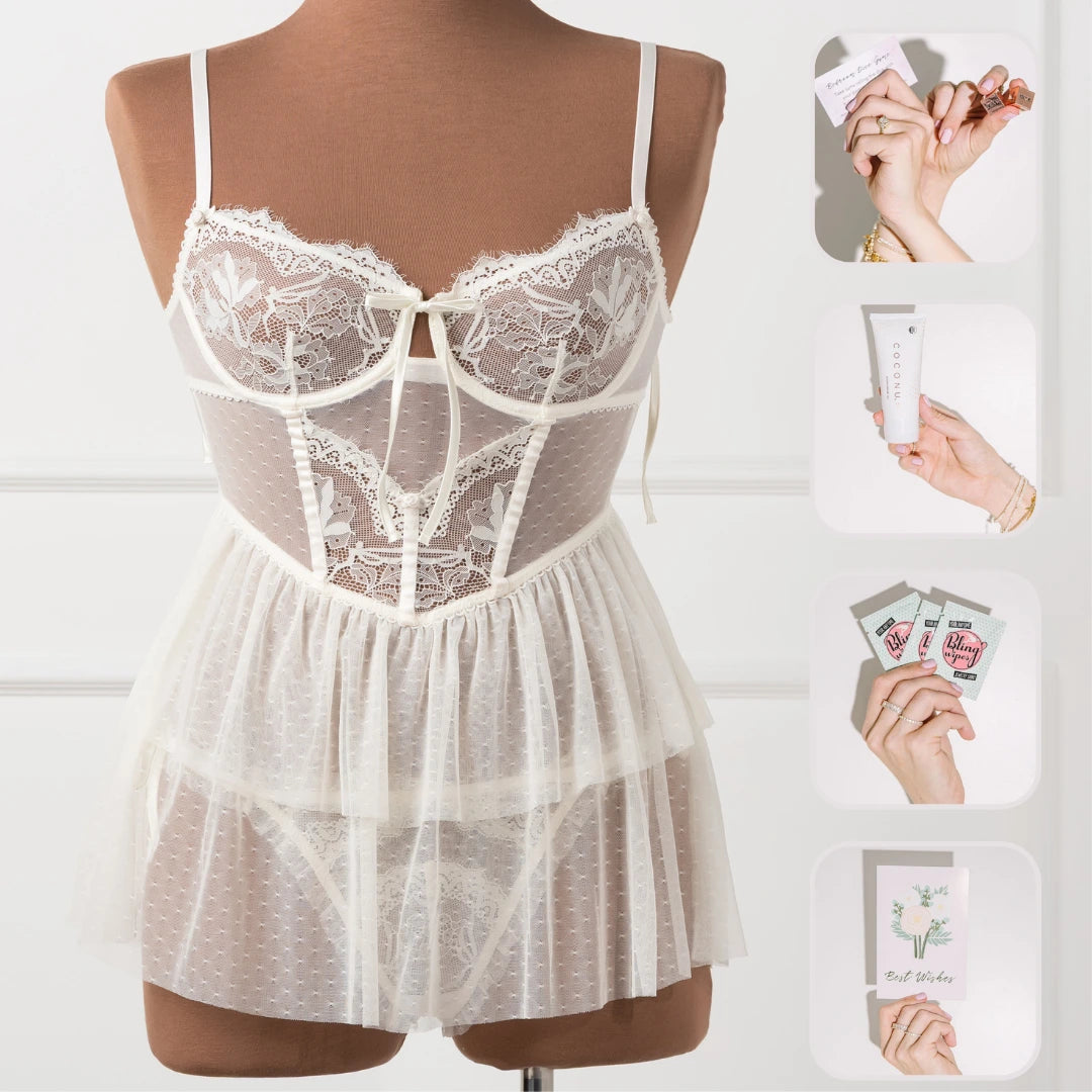 Bridal Bundle: Lace & Mesh Bustier Tiered Babydoll - Pearl
