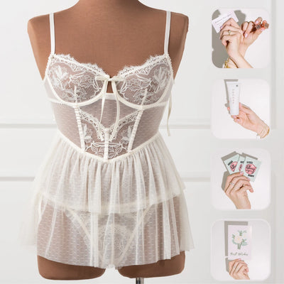 Bridal Bundle: Lace & Mesh Bustier Tiered Babydoll - Pearl
