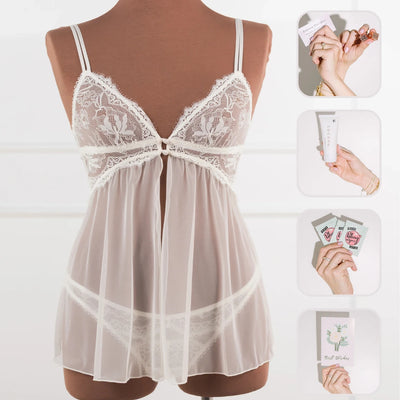 Bridal Bundle: Lace & Mesh Button Babydoll & Panty - Pearl