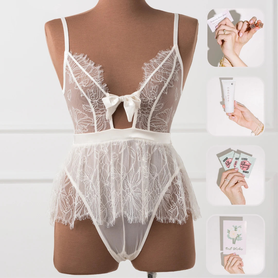 Bridal Bundle: Eyelash Lace Crotchless Teddy - Pearl