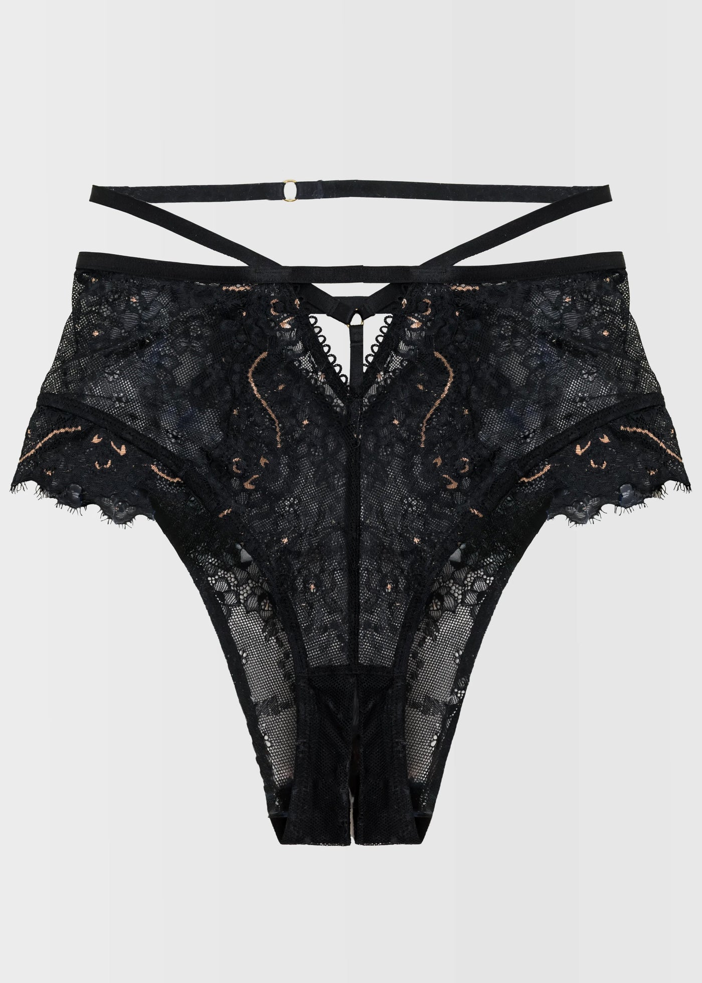 Strappy High Waist Crotchless Panty - Black