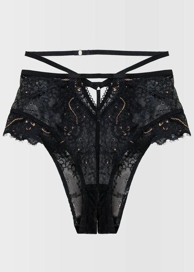 Strappy High Waist Crotchless Panty - Black