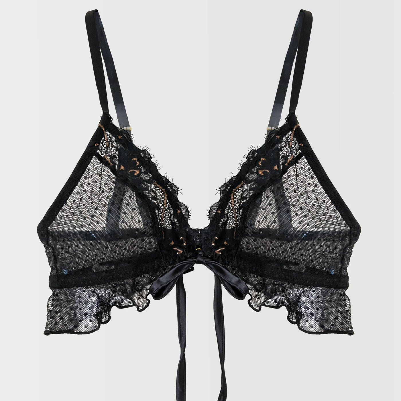 Lace & Mesh Ruffle Bralette - Black