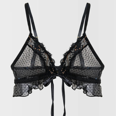 Lace & Mesh Ruffle Bralette - Black