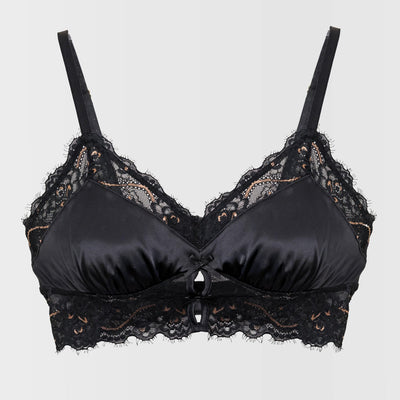 Lacy Satin Keyhole Two-Toned Bralette - Black