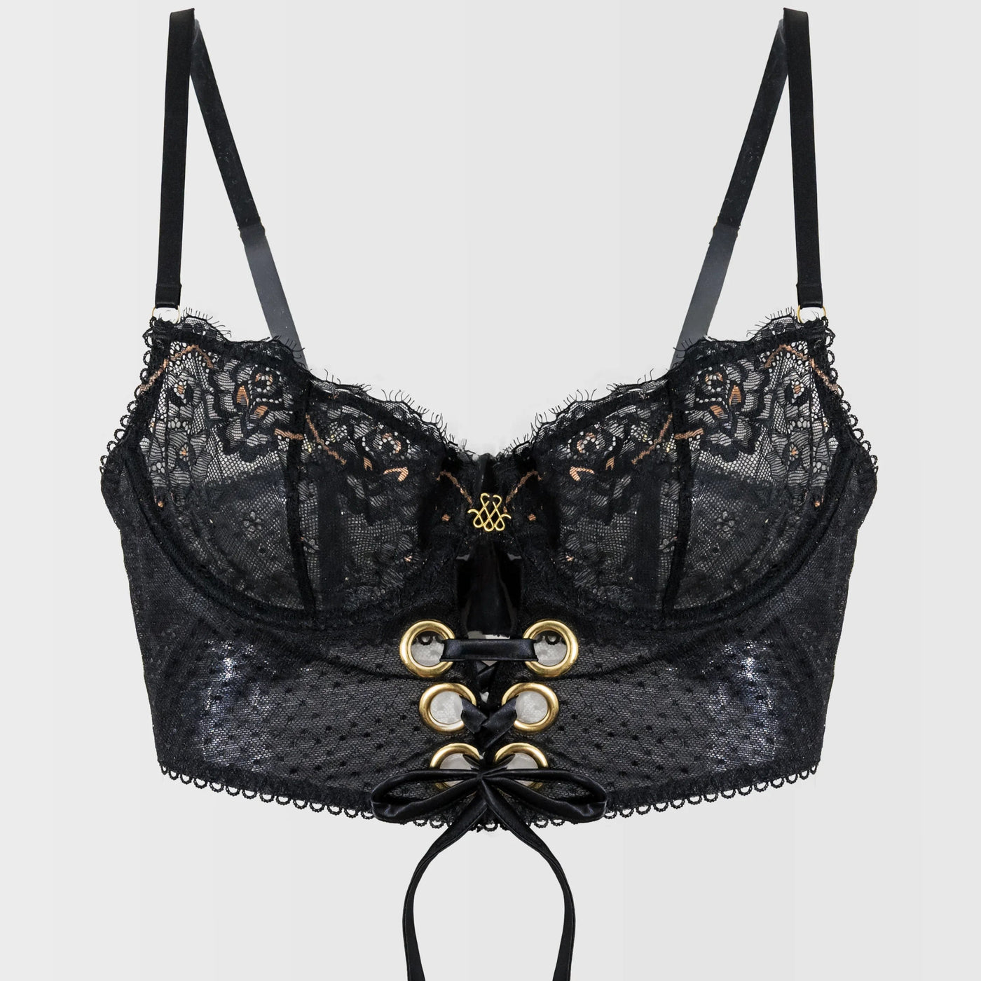 Eyelash Lace Underwire Lace Up Bustier - Black