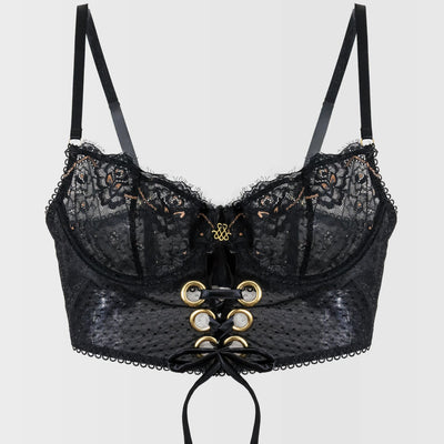 Eyelash Lace Underwire Lace Up Bustier - Black