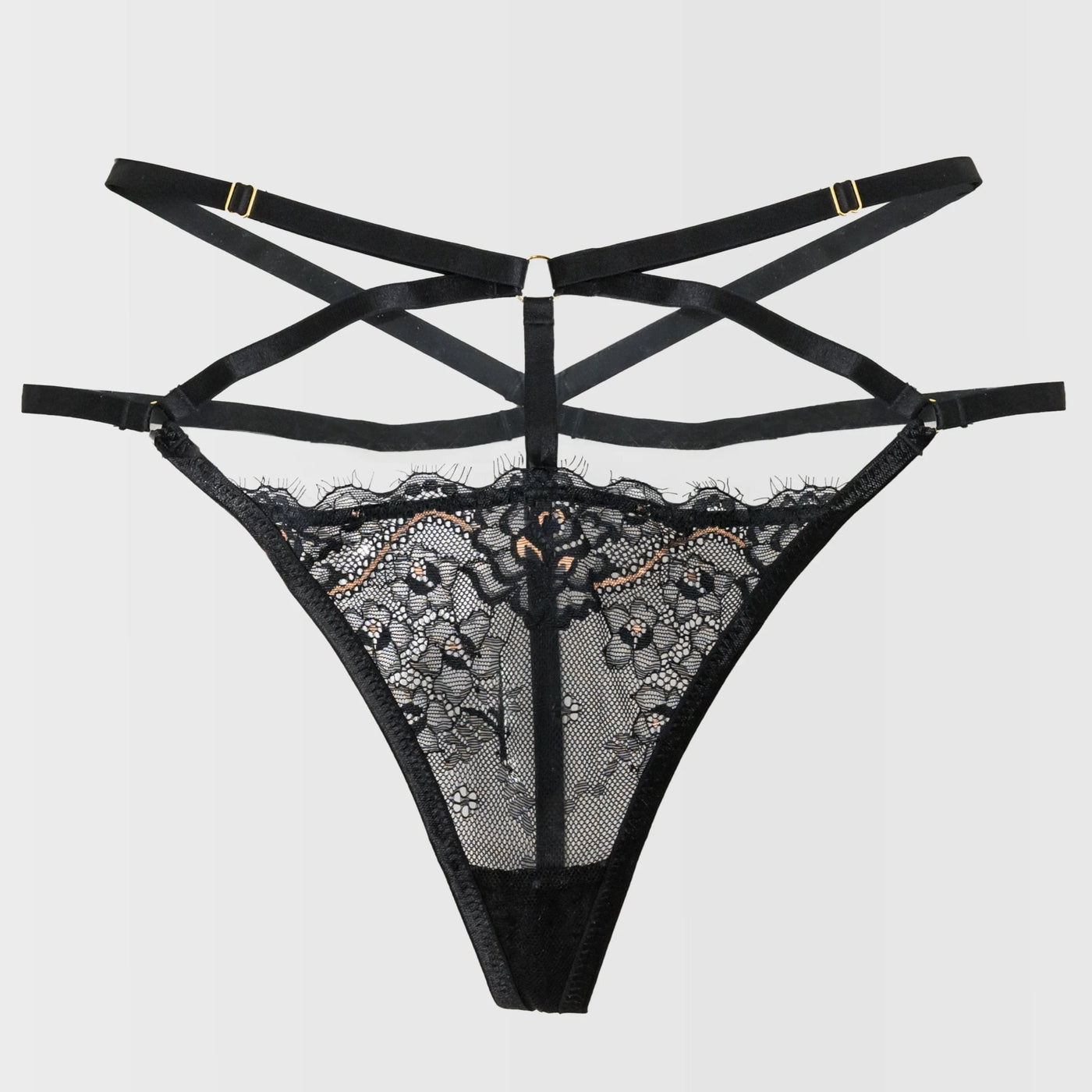 Lacy Strappy Thong - Black