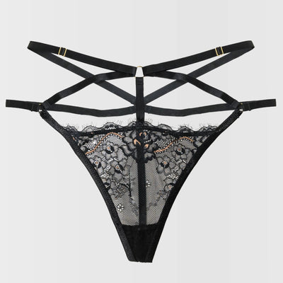 Lacy Strappy Thong - Black