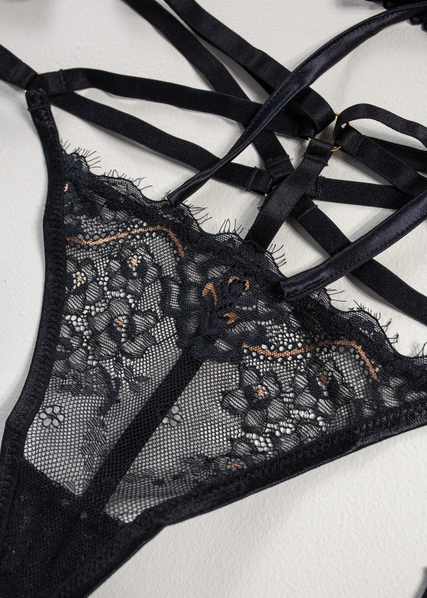 Lacy Strappy Thong - Black