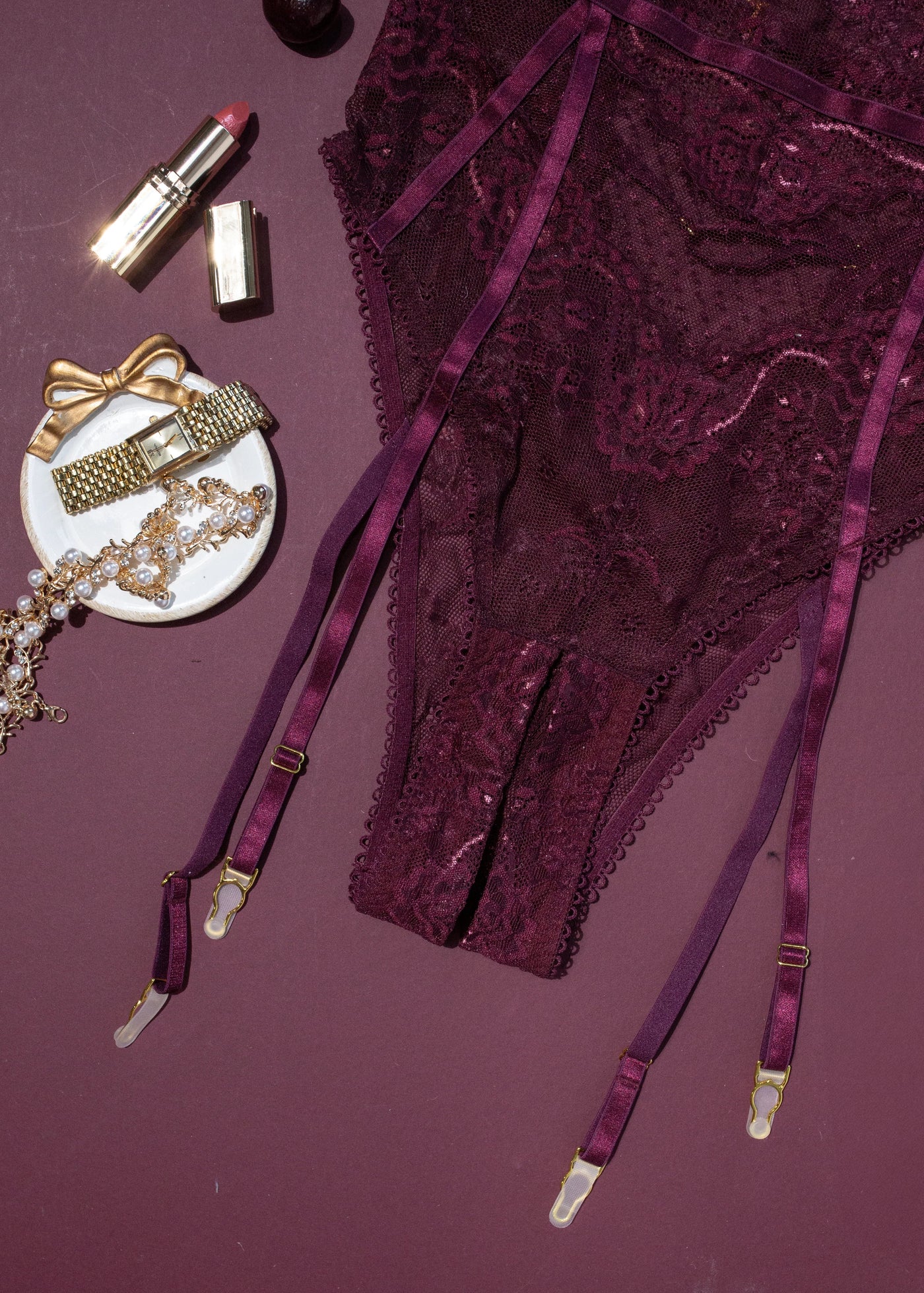 Eyelash Lace Crotchless Garter Teddy - Cherry Lacquer