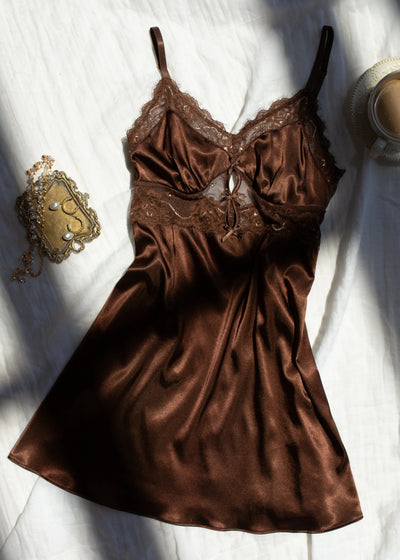 Satin & Eyelash Lace Slip - Chocolate