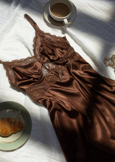 Satin & Eyelash Lace Slip - Chocolate