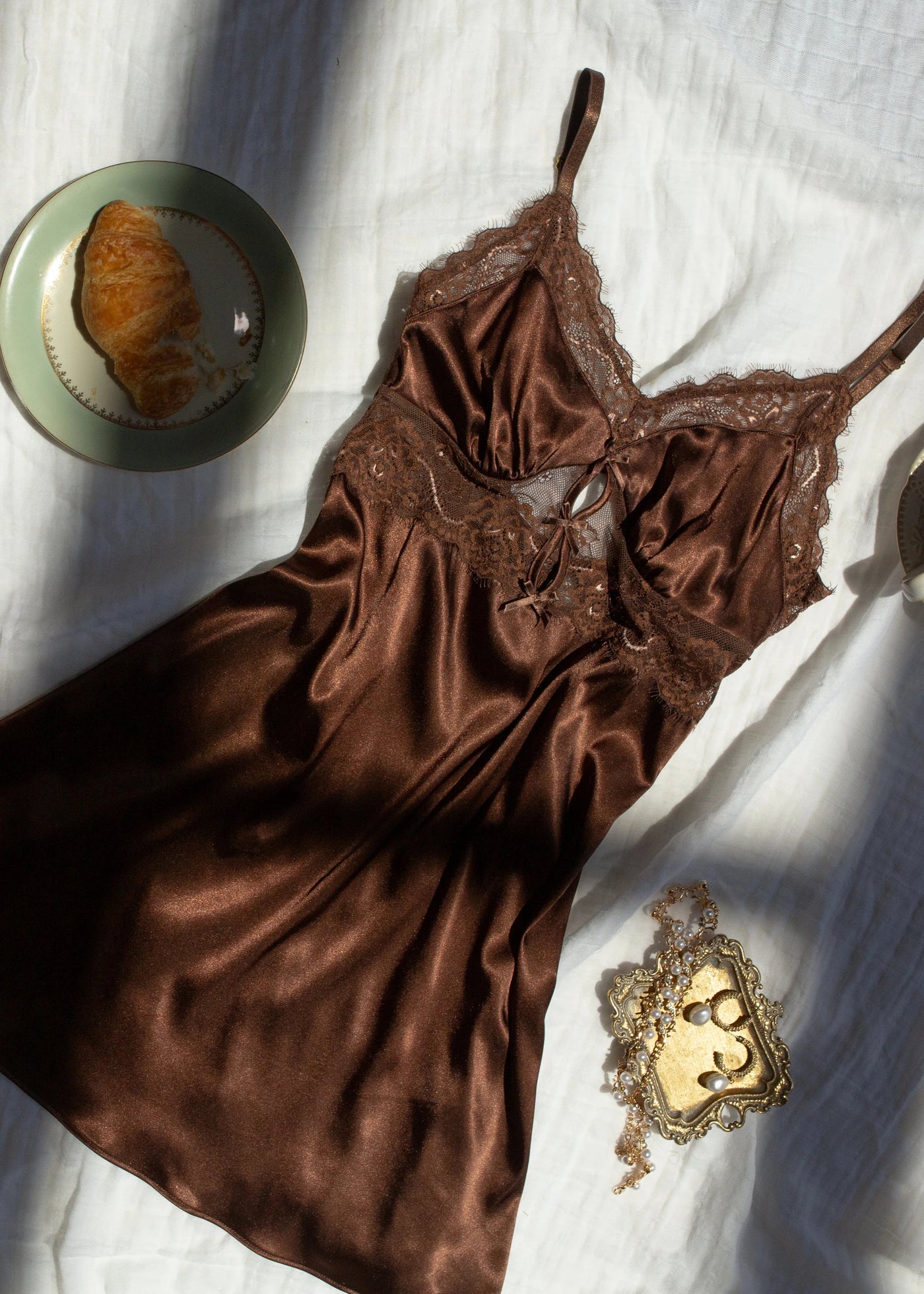 Satin & Eyelash Lace Slip - Chocolate