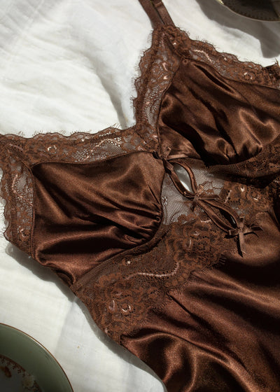 Satin & Eyelash Lace Slip - Chocolate