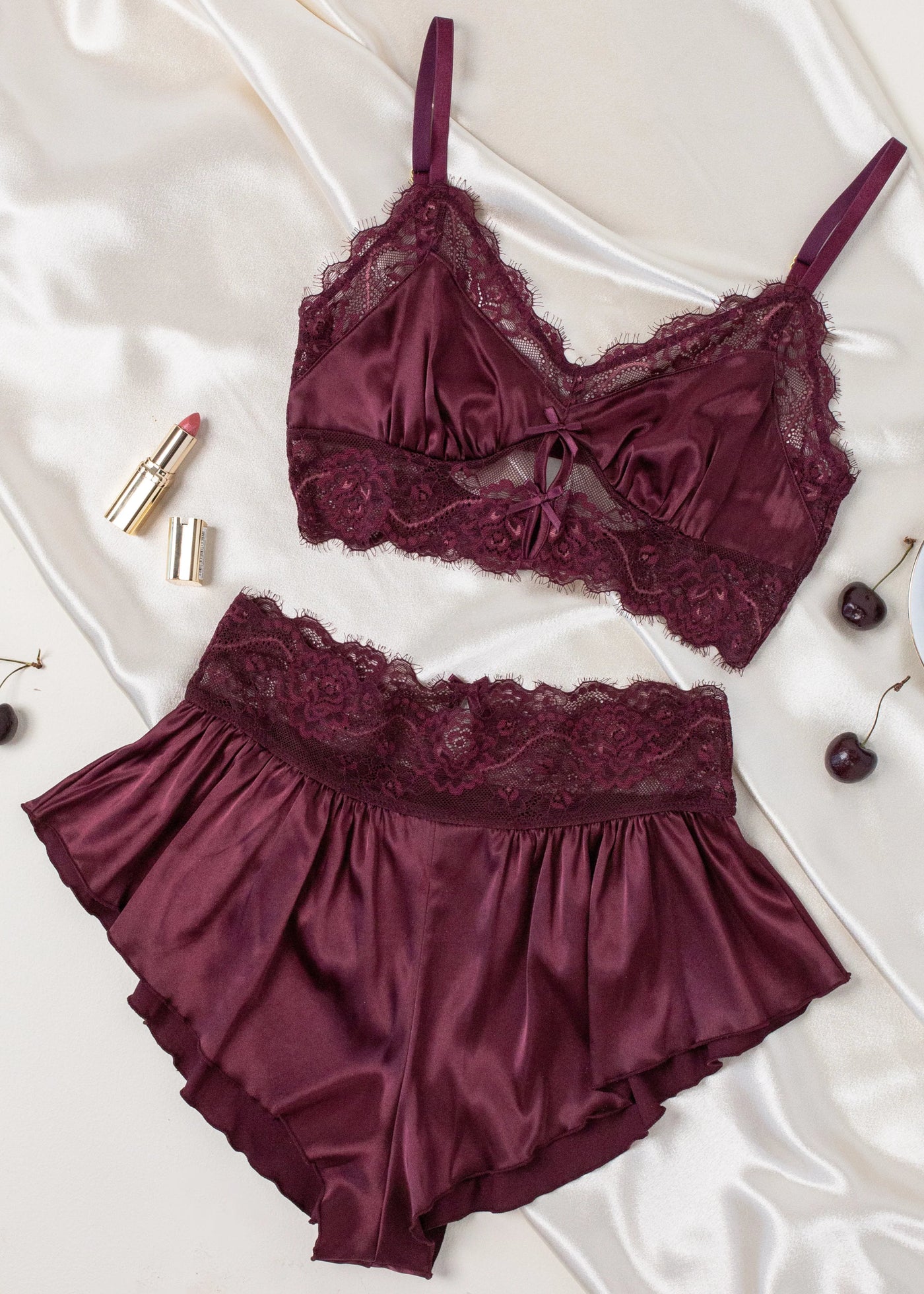 High Waist Lacy Satin Tap Shorts - Cherry Lacquer