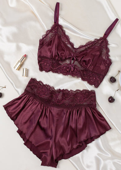 High Waist Lacy Satin Tap Shorts - Cherry Lacquer