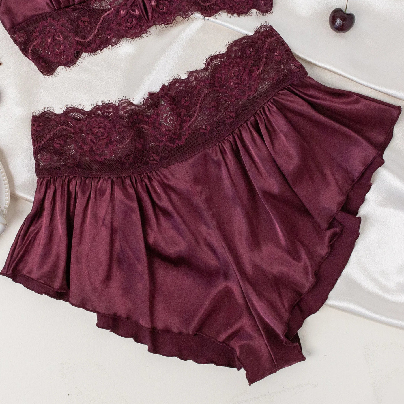 High Waist Lacy Satin Tap Shorts - Cherry Lacquer