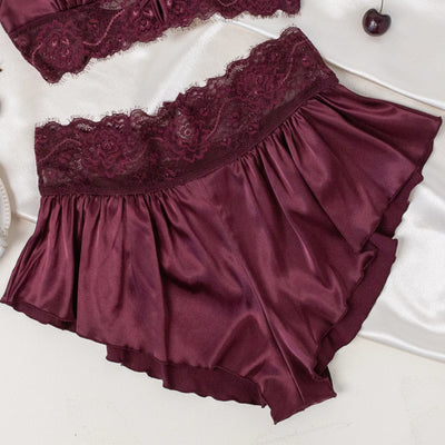 High Waist Lacy Satin Tap Shorts - Cherry Lacquer