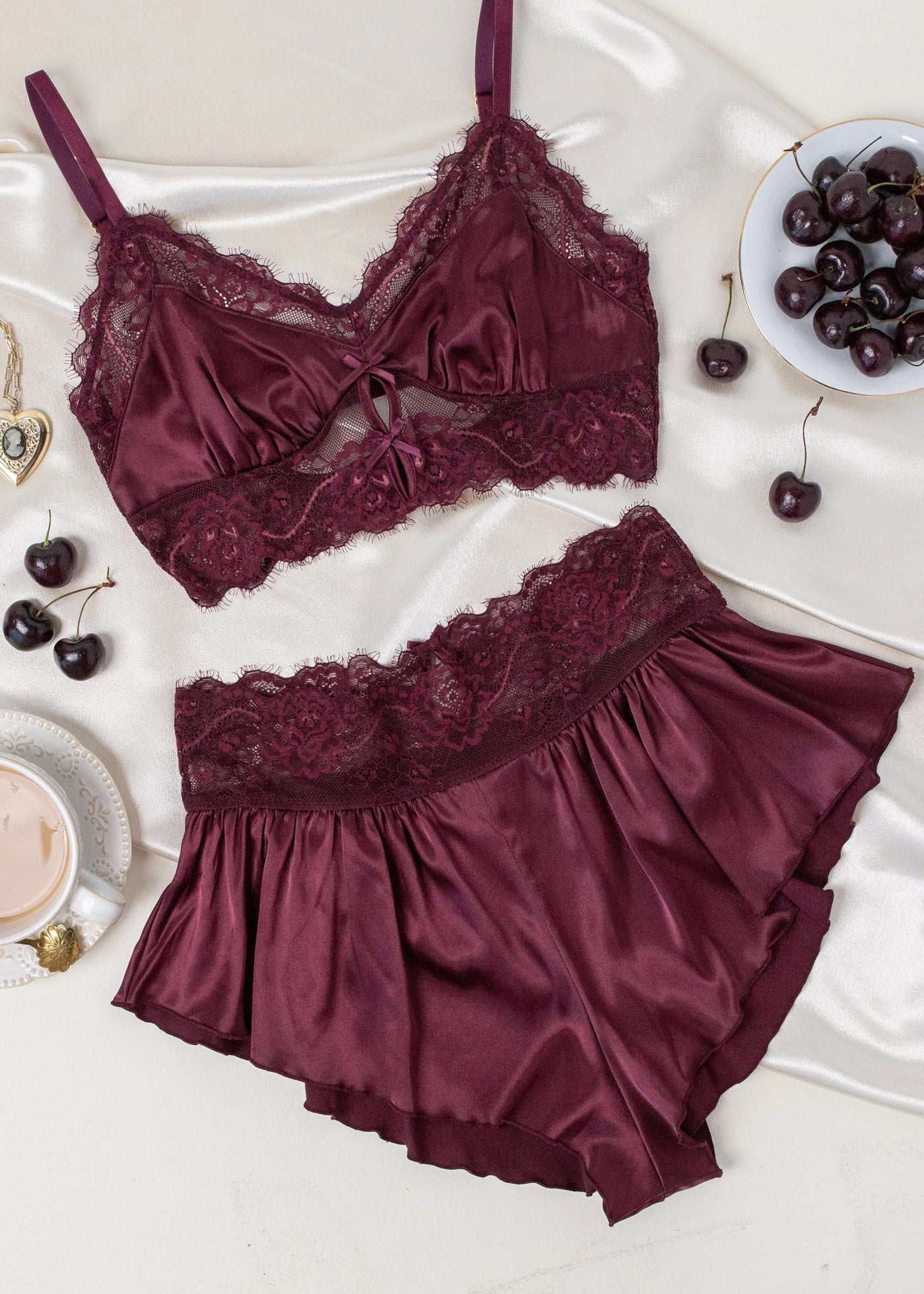 Lacy Satin Keyhole Bralette - Cherry Lacquer