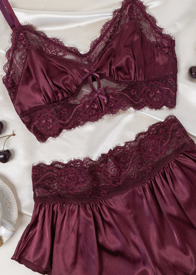 Lacy Satin Keyhole Bralette - Cherry Lacquer