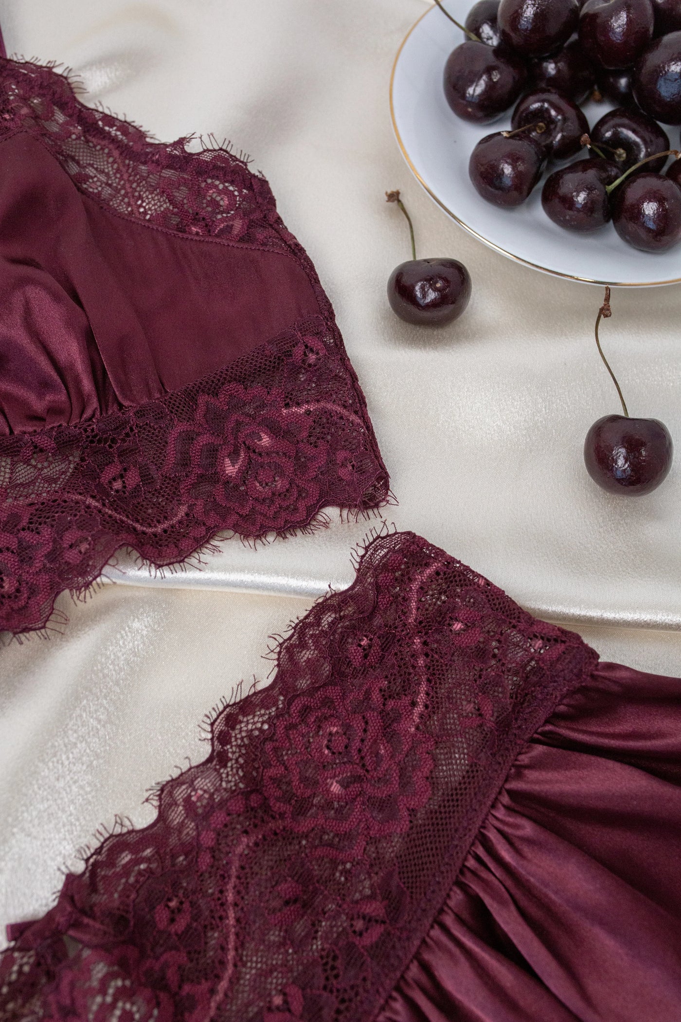 High Waist Lacy Satin Tap Shorts - Cherry Lacquer
