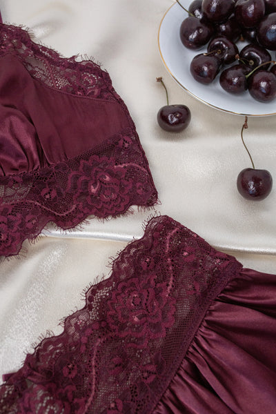 High Waist Lacy Satin Tap Shorts - Cherry Lacquer