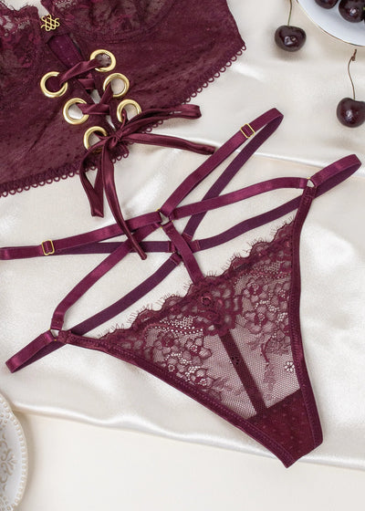 Lacy Strappy Thong - Cherry Lacquer