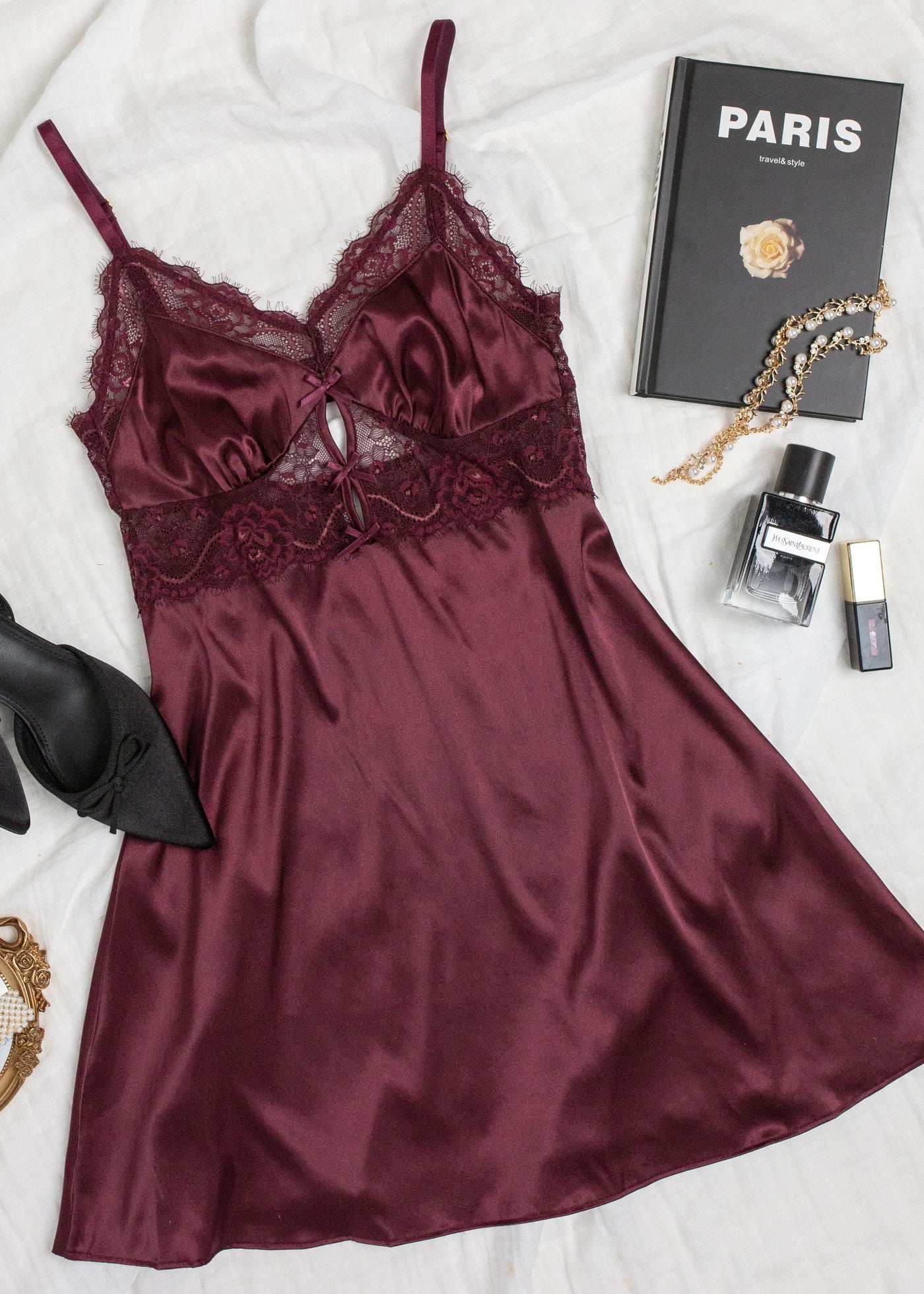 Satin & Eyelash Lace Slip - Cherry Lacquer